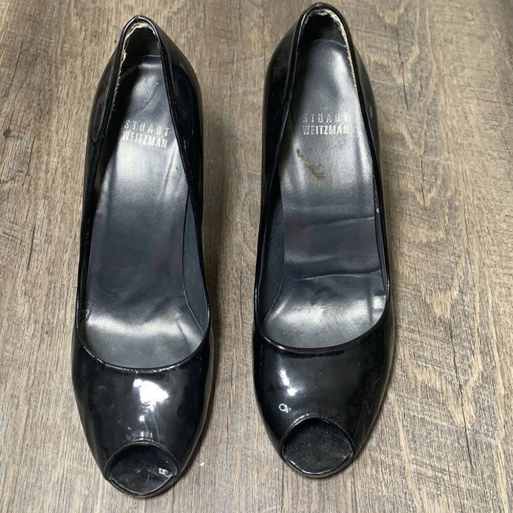 Stuart Weizman Patent Leather Peep Toe Pumps Black - image 3